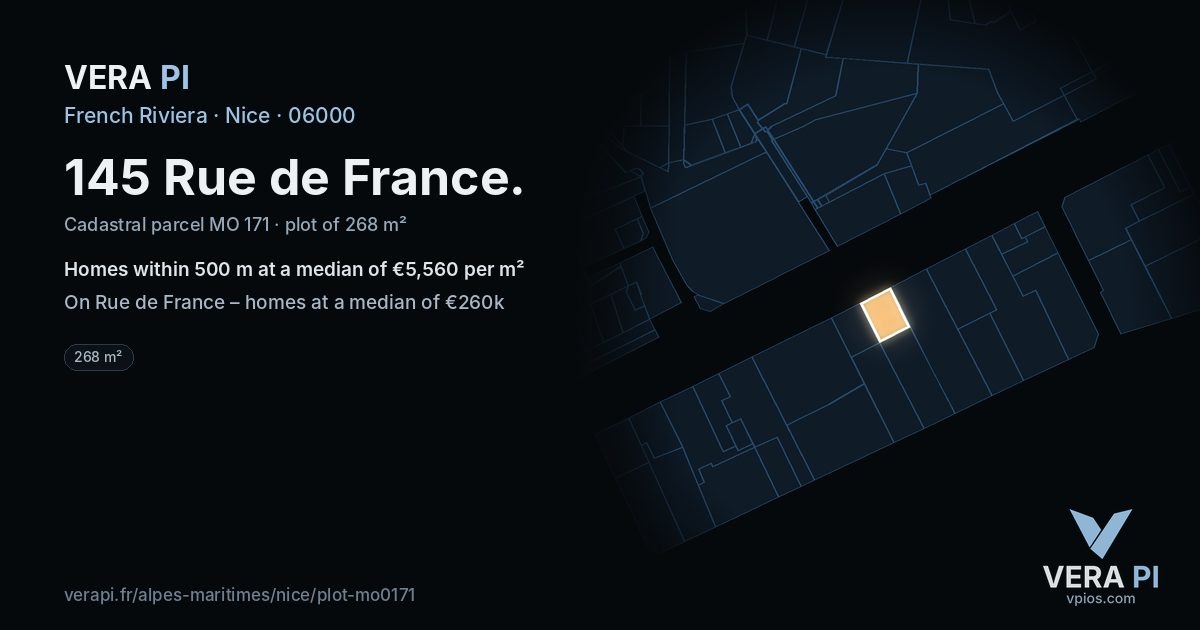 145 Rue de France, Nice at night – the plot lit, the parcels around coloured by the prices near them