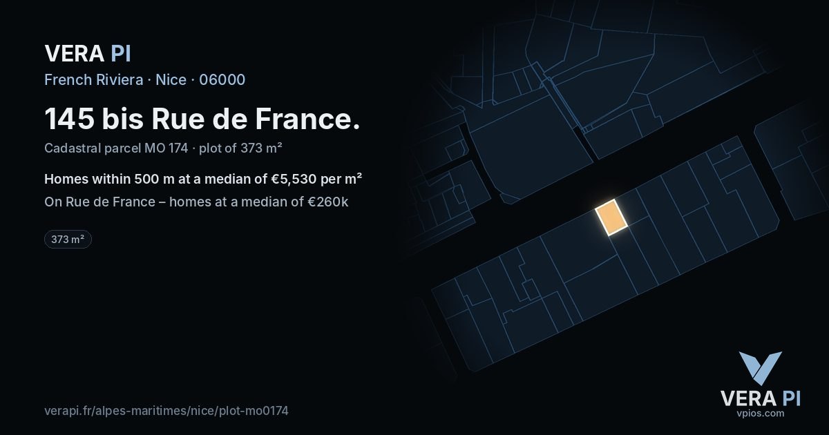 145 bis Rue de France, Nice at night – the plot lit, the parcels around coloured by the prices near them
