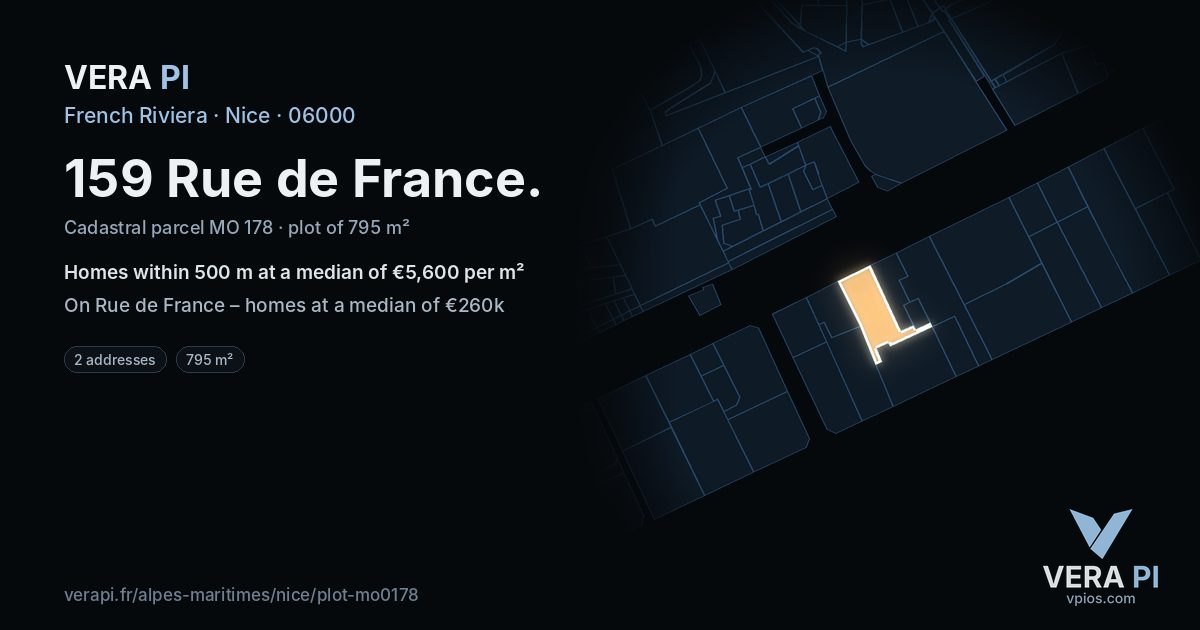 159 Rue de France, Nice at night – the plot lit, the parcels around coloured by the prices near them