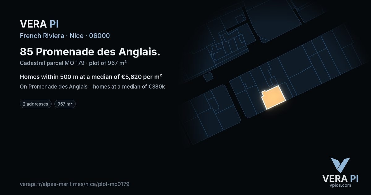 85 Promenade des Anglais, Nice at night – the plot lit, the parcels around coloured by the prices near them