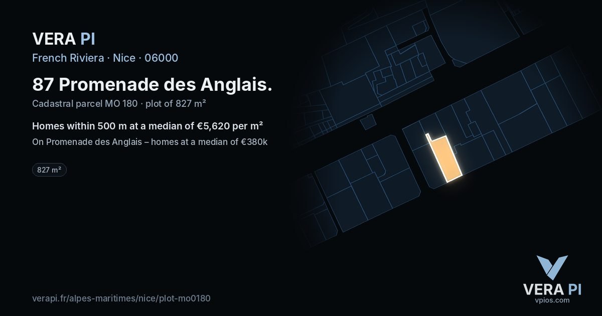87 Promenade des Anglais, Nice at night – the plot lit, the parcels around coloured by the prices near them