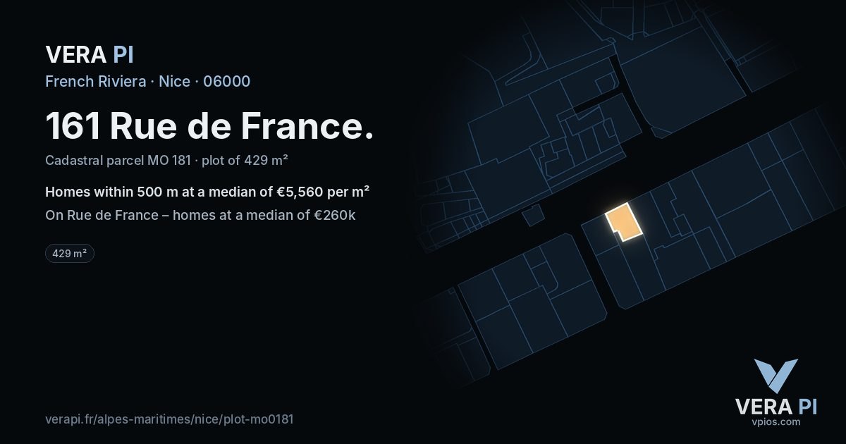 161 Rue de France, Nice at night – the plot lit, the parcels around coloured by the prices near them