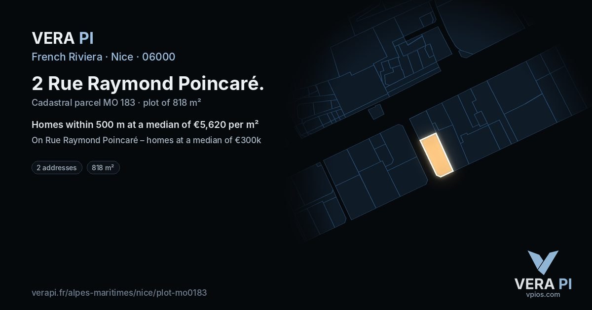 2 Rue Raymond Poincaré, Nice at night – the plot lit, the parcels around coloured by the prices near them