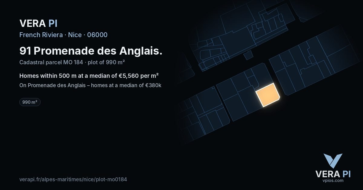 91 Promenade des Anglais, Nice at night – the plot lit, the parcels around coloured by the prices near them