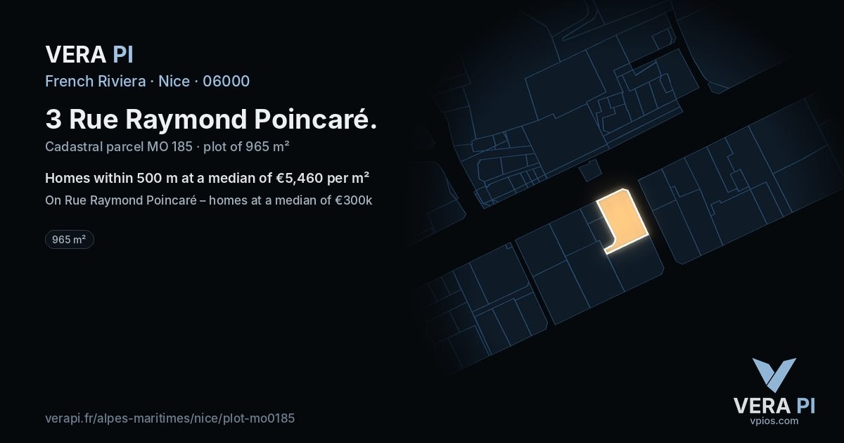 3 Rue Raymond Poincaré, Nice at night – the plot lit, the parcels around coloured by the prices near them
