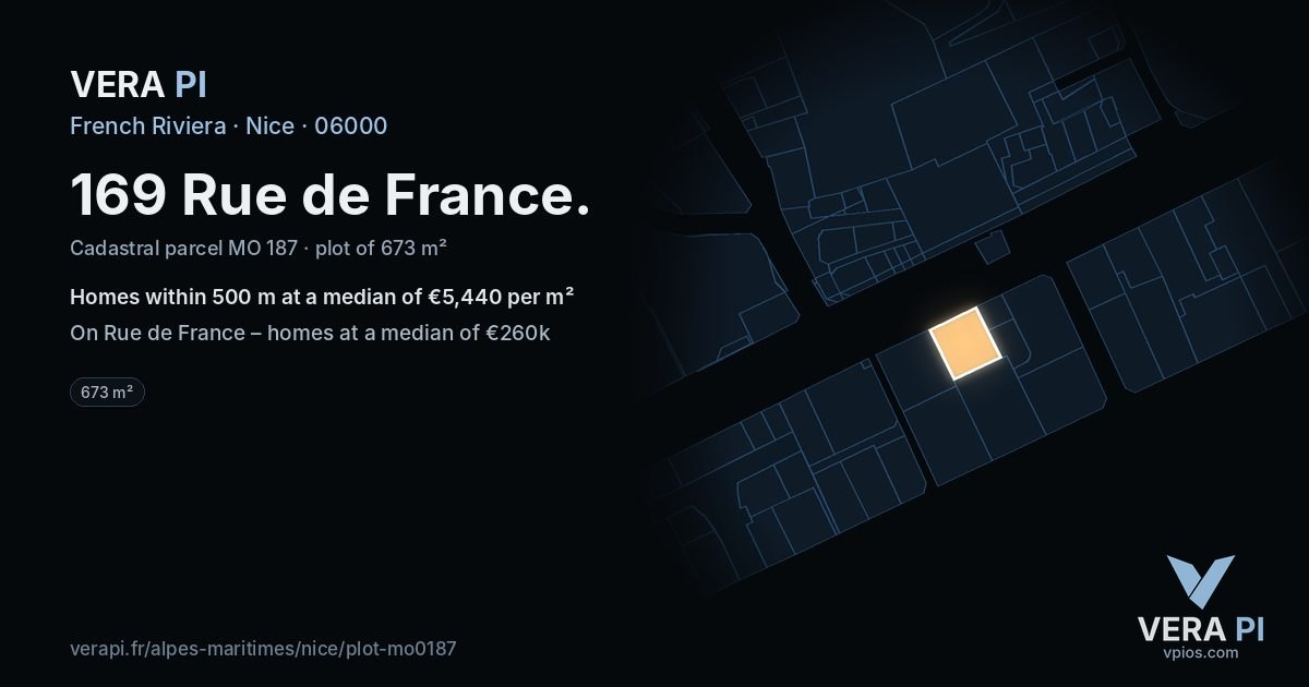 169 Rue de France, Nice at night – the plot lit, the parcels around coloured by the prices near them