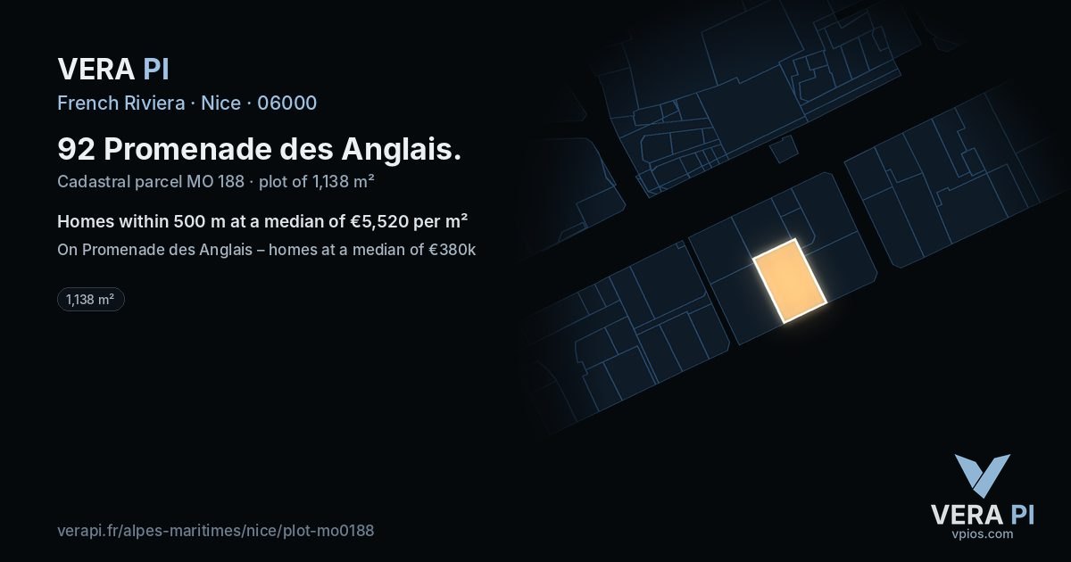 92 Promenade des Anglais, Nice at night – the plot lit, the parcels around coloured by the prices near them