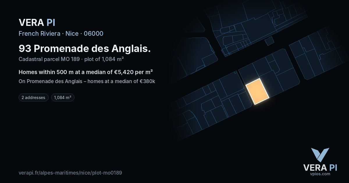 93 Promenade des Anglais, Nice at night – the plot lit, the parcels around coloured by the prices near them