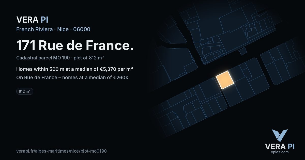 171 Rue de France, Nice at night – the plot lit, the parcels around coloured by the prices near them