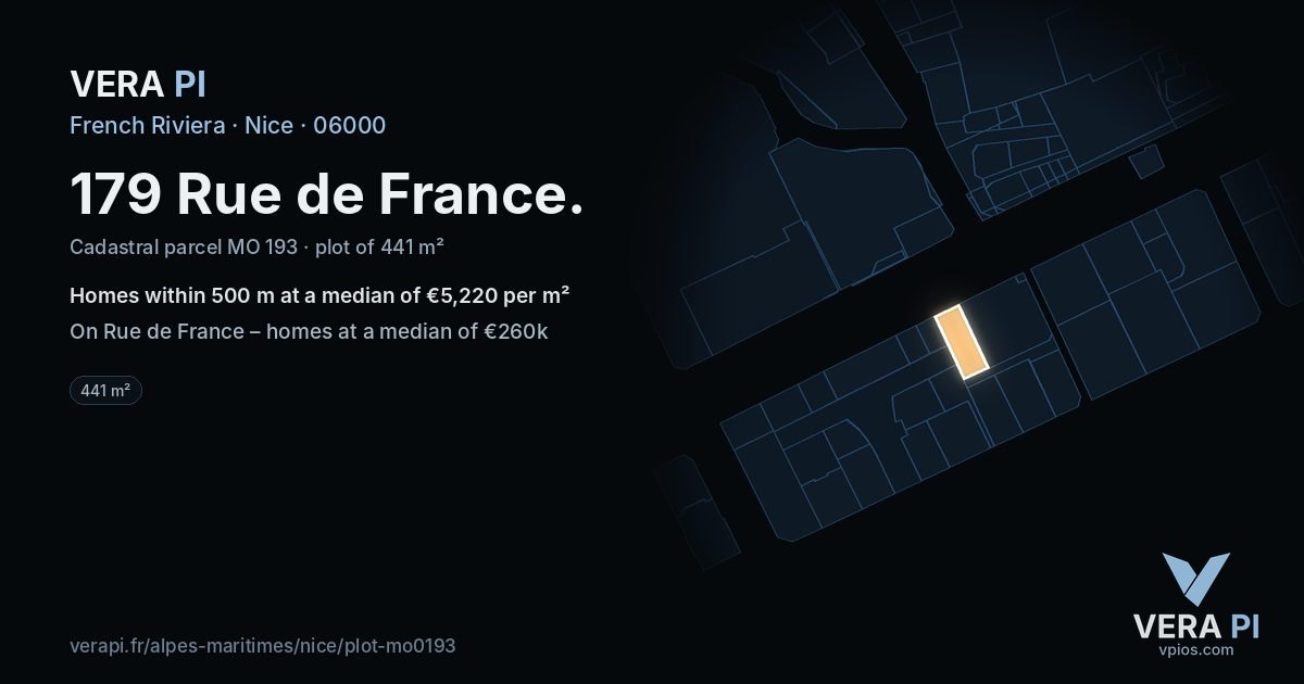 179 Rue de France, Nice at night – the plot lit, the parcels around coloured by the prices near them