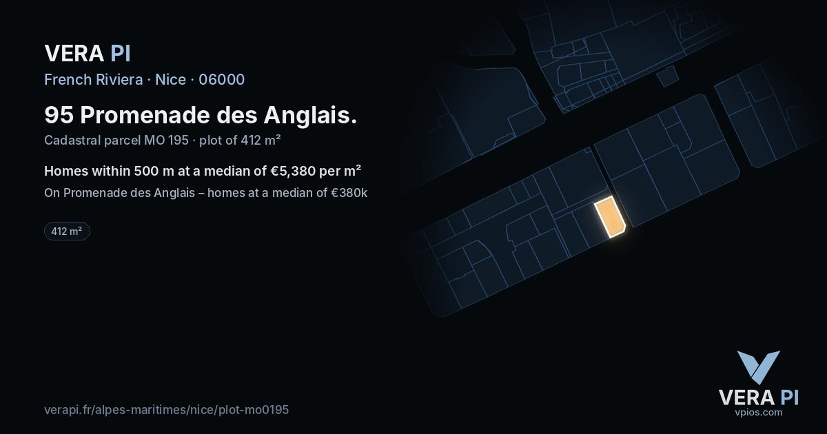 95 Promenade des Anglais, Nice at night – the plot lit, the parcels around coloured by the prices near them