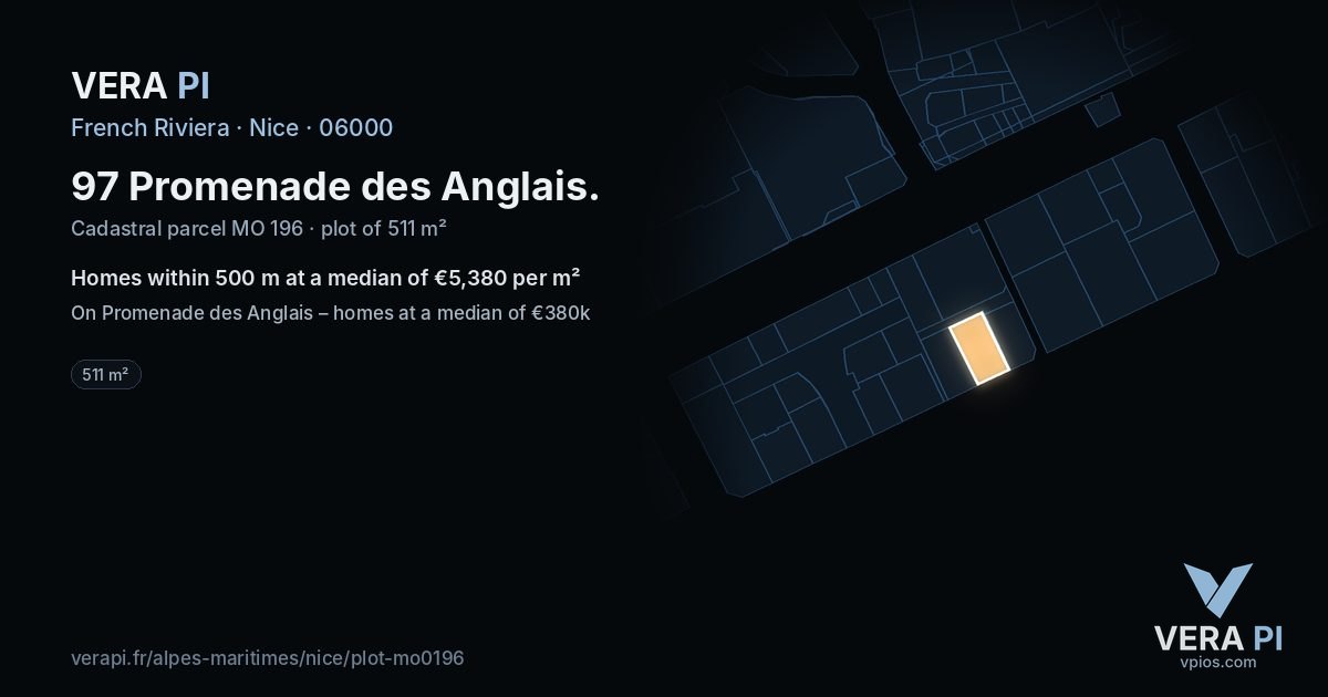97 Promenade des Anglais, Nice at night – the plot lit, the parcels around coloured by the prices near them