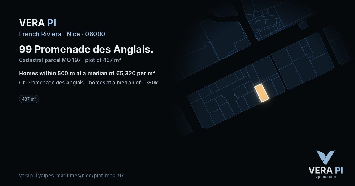 99 Promenade des Anglais, Nice at night – the plot lit, the parcels around coloured by the prices near them