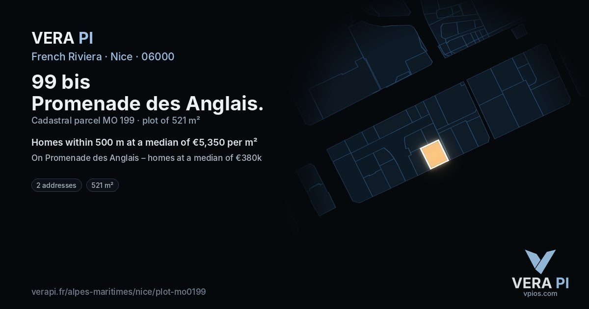 99 bis Promenade des Anglais, Nice at night – the plot lit, the parcels around coloured by the prices near them
