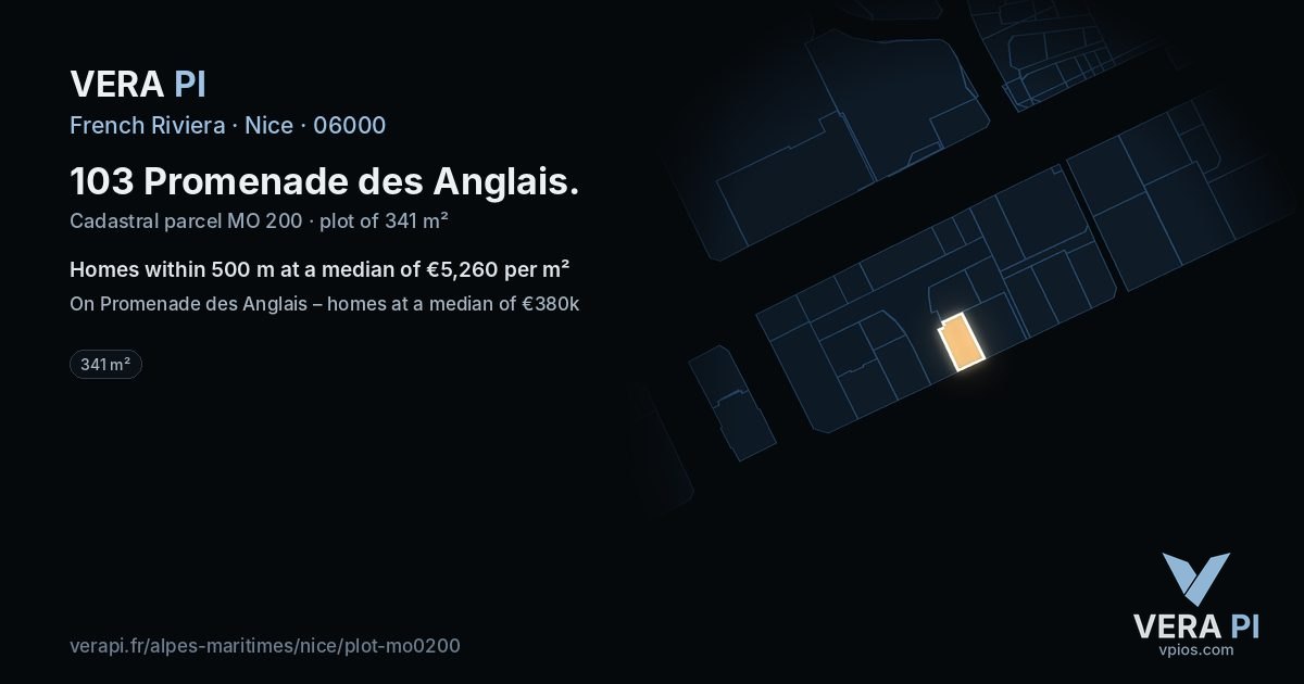 103 Promenade des Anglais, Nice at night – the plot lit, the parcels around coloured by the prices near them