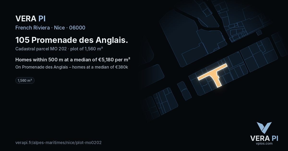 105 Promenade des Anglais, Nice at night – the plot lit, the parcels around coloured by the prices near them