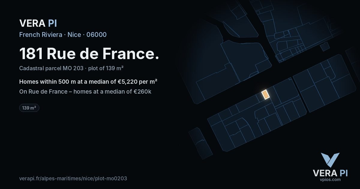 181 Rue de France, Nice at night – the plot lit, the parcels around coloured by the prices near them