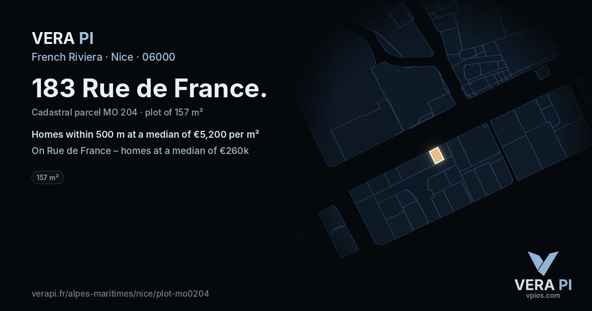183 Rue de France, Nice at night – the plot lit, the parcels around coloured by the prices near them