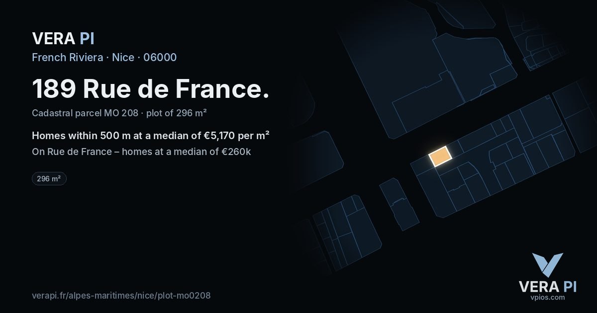 189 Rue de France, Nice at night – the plot lit, the parcels around coloured by the prices near them