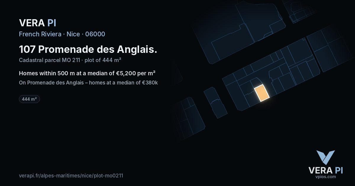 107 Promenade des Anglais, Nice at night – the plot lit, the parcels around coloured by the prices near them