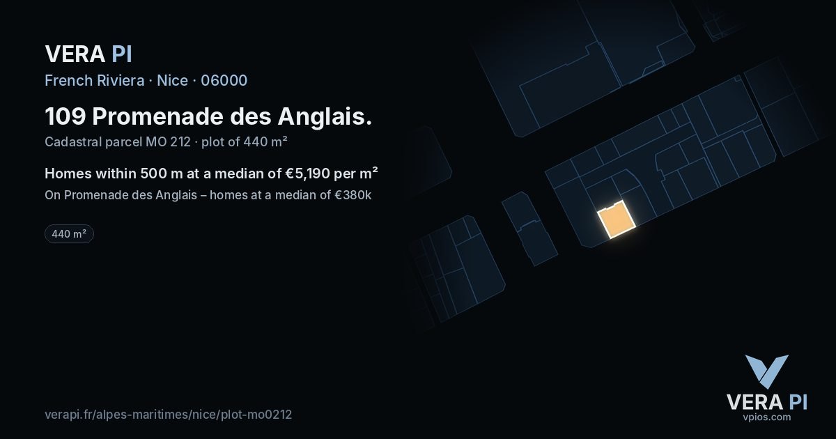 109 Promenade des Anglais, Nice at night – the plot lit, the parcels around coloured by the prices near them