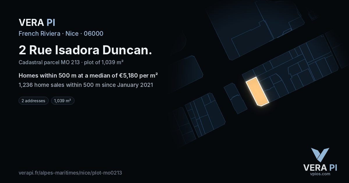 2 Rue Isadora Duncan, Nice at night – the plot lit, the parcels around coloured by the prices near them