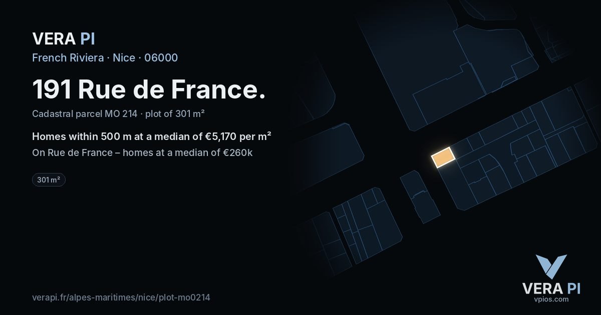 191 Rue de France, Nice at night – the plot lit, the parcels around coloured by the prices near them
