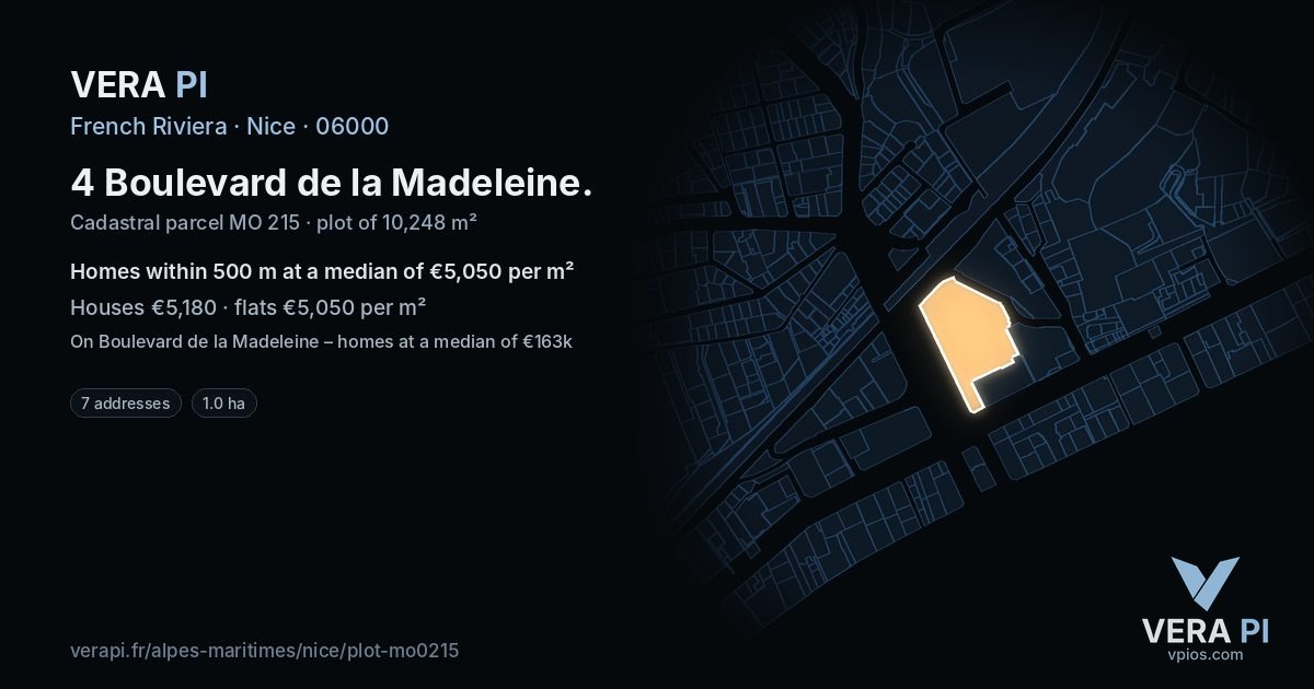 4 Boulevard de la Madeleine, Nice at night – the plot lit, the parcels around coloured by the prices near them