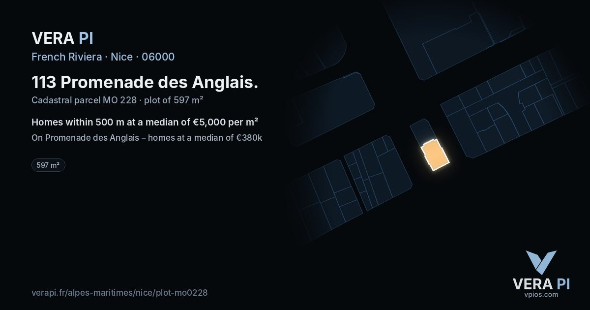 113 Promenade des Anglais, Nice at night – the plot lit, the parcels around coloured by the prices near them