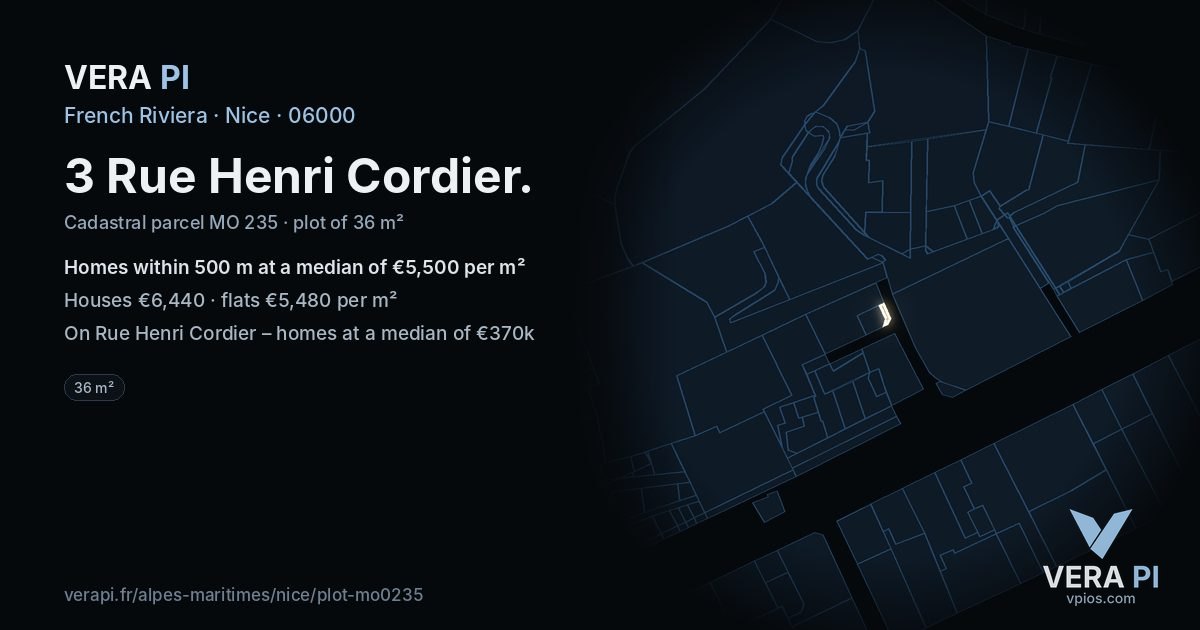 3 Rue Henri Cordier, Nice at night – the plot lit, the parcels around coloured by the prices near them