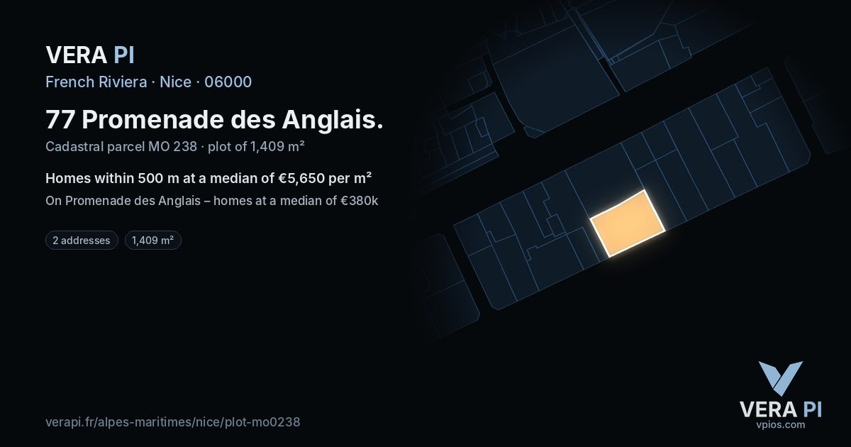 77 Promenade des Anglais, Nice at night – the plot lit, the parcels around coloured by the prices near them