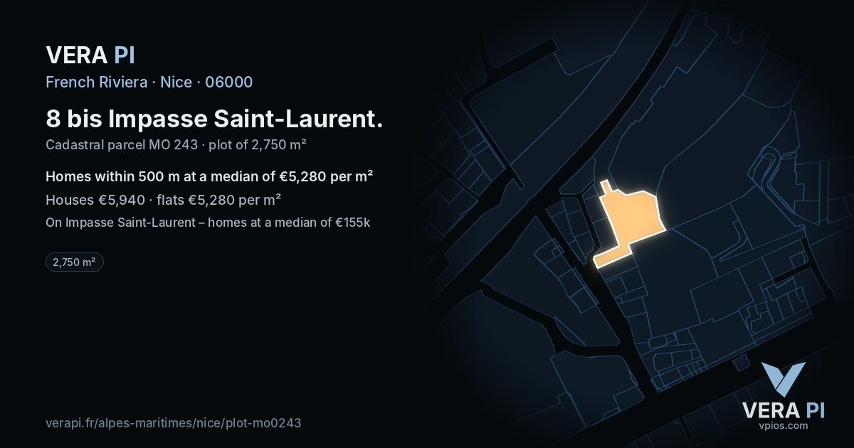 8 bis Impasse Saint-Laurent, Nice at night – the plot lit, the parcels around coloured by the prices near them