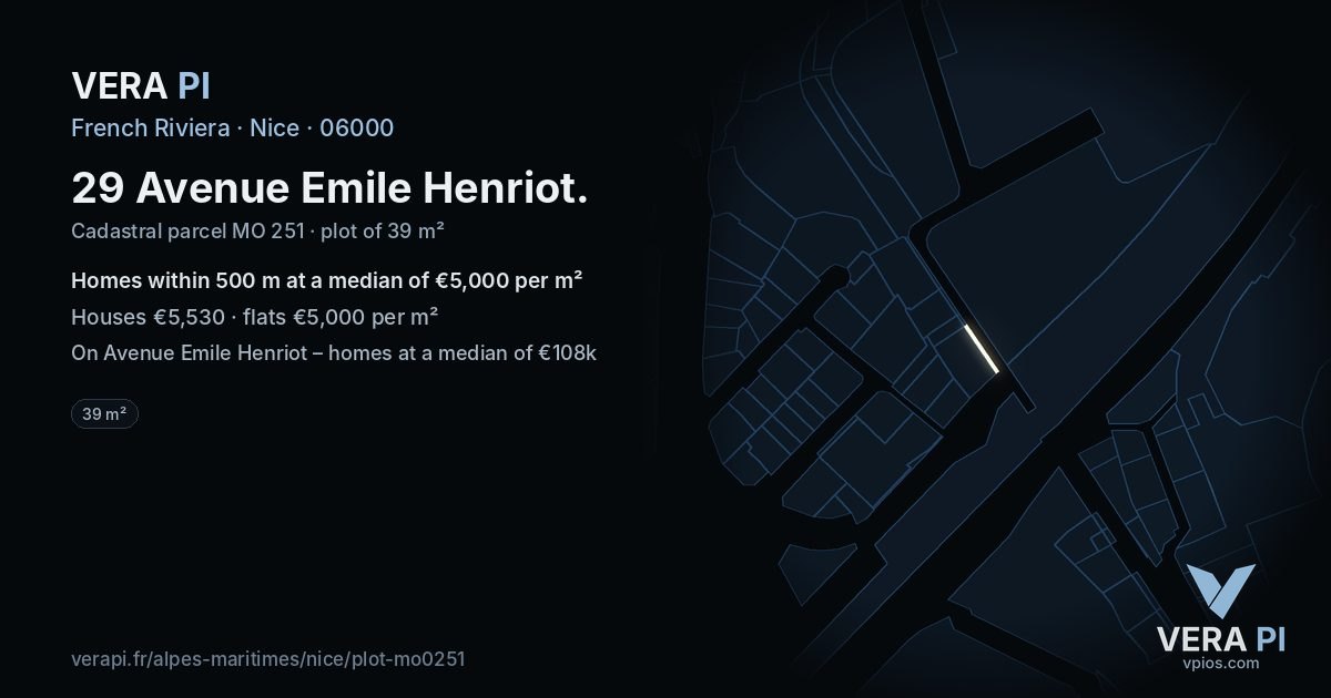 29 Avenue Emile Henriot, Nice at night – the plot lit, the parcels around coloured by the prices near them