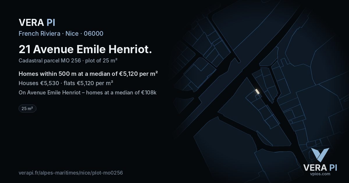 21 Avenue Emile Henriot, Nice at night – the plot lit, the parcels around coloured by the prices near them