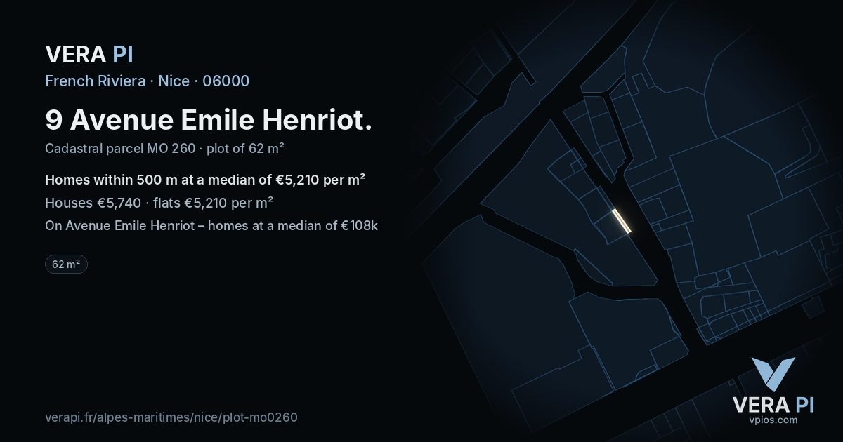 9 Avenue Emile Henriot, Nice at night – the plot lit, the parcels around coloured by the prices near them