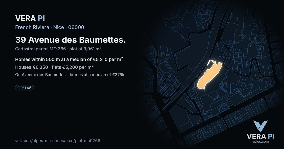 39 Avenue des Baumettes, Nice at night – the plot lit, the parcels around coloured by the prices near them