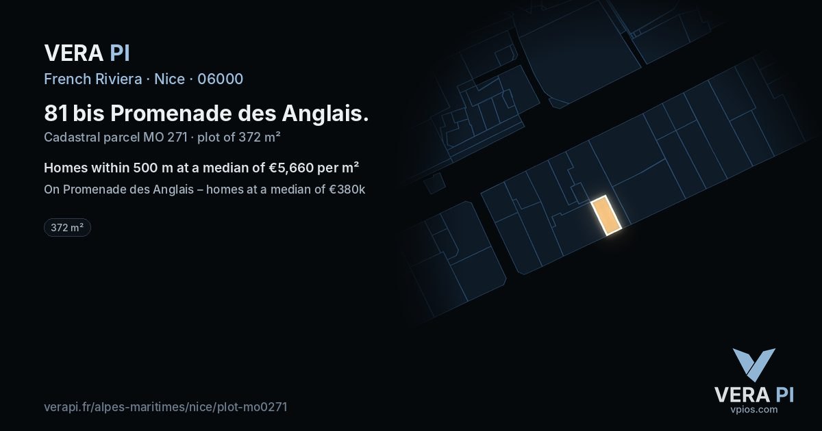 81 bis Promenade des Anglais, Nice at night – the plot lit, the parcels around coloured by the prices near them