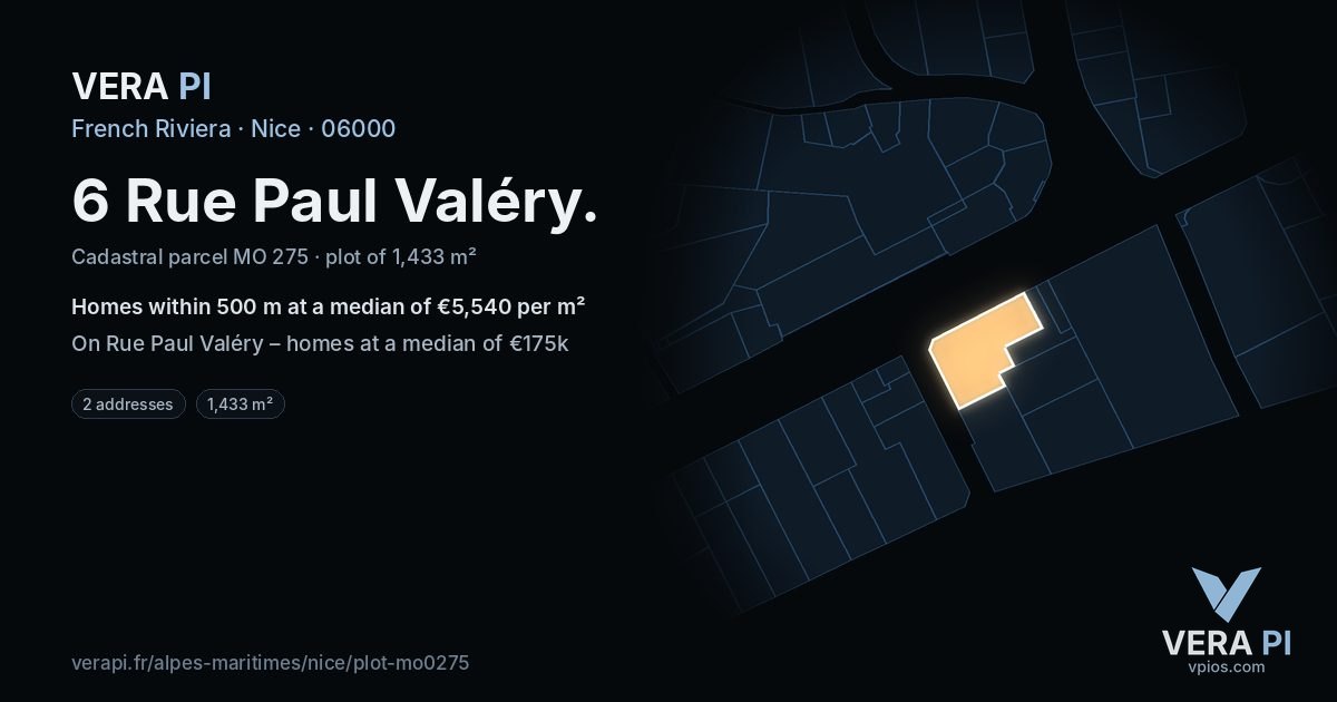 6 Rue Paul Valéry, Nice at night – the plot lit, the parcels around coloured by the prices near them
