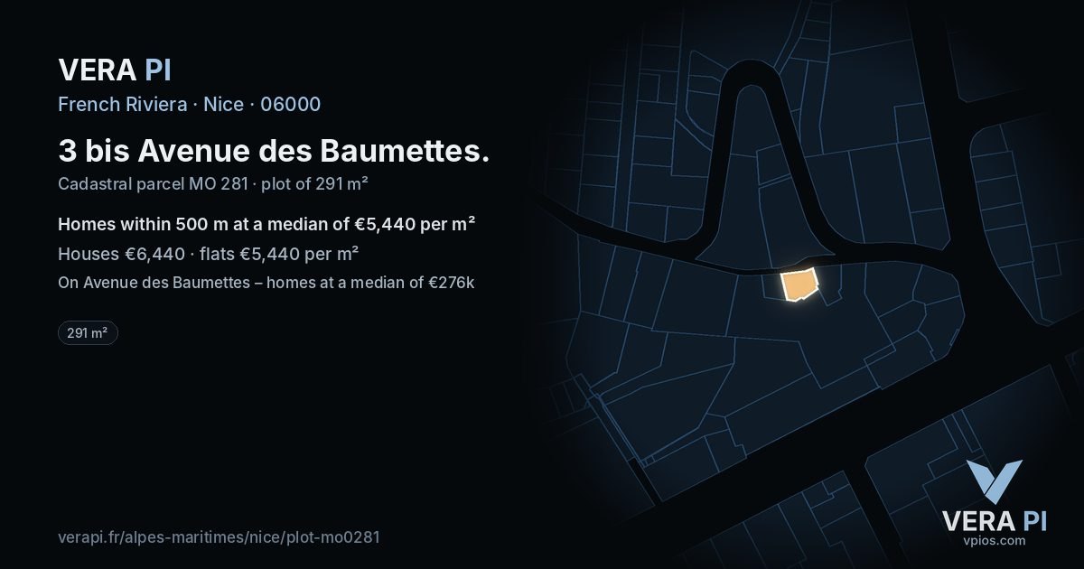3 bis Avenue des Baumettes, Nice at night – the plot lit, the parcels around coloured by the prices near them