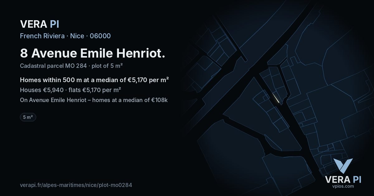 8 Avenue Emile Henriot, Nice at night – the plot lit, the parcels around coloured by the prices near them