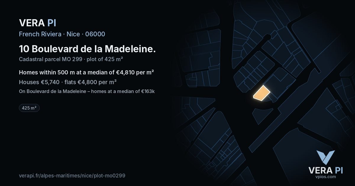 10 Boulevard de la Madeleine, Nice at night – the plot lit, the parcels around coloured by the prices near them