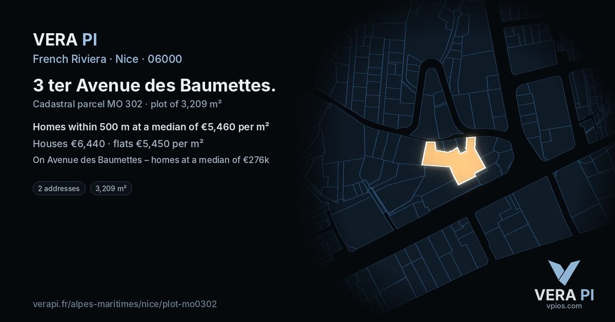 3 ter Avenue des Baumettes, Nice at night – the plot lit, the parcels around coloured by the prices near them