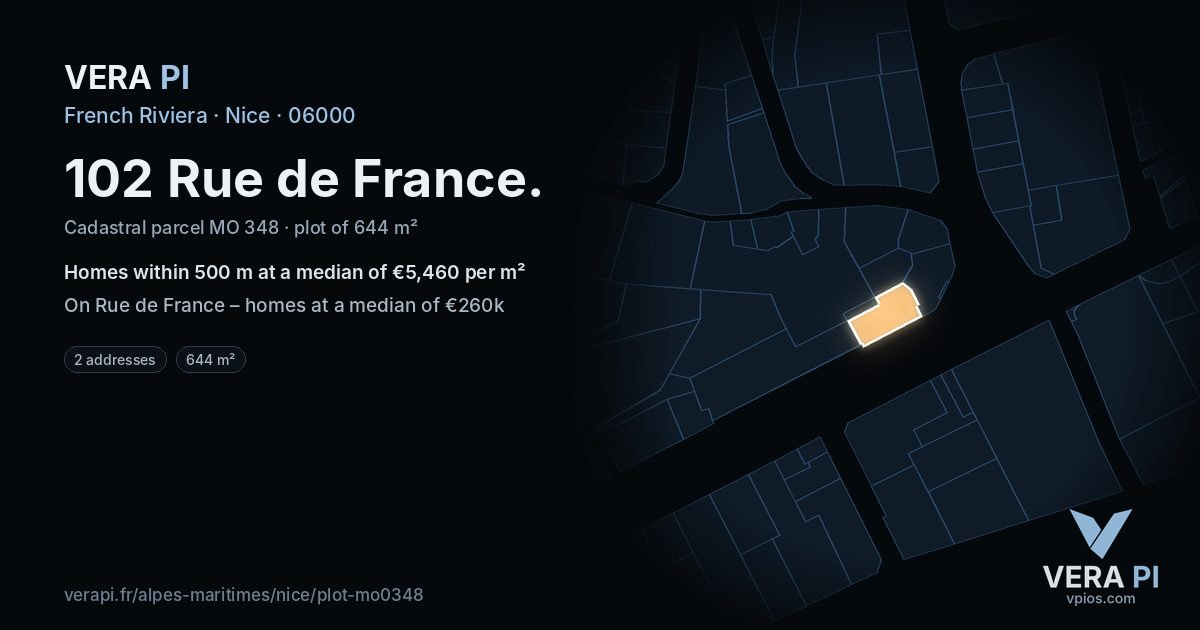 102 Rue de France, Nice at night – the plot lit, the parcels around coloured by the prices near them