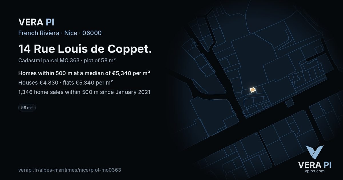 14 Rue Louis de Coppet, Nice at night – the plot lit, the parcels around coloured by the prices near them