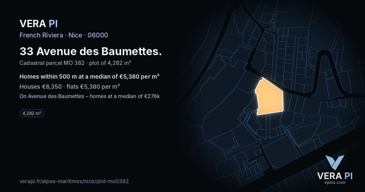 33 Avenue des Baumettes, Nice at night – the plot lit, the parcels around coloured by the prices near them