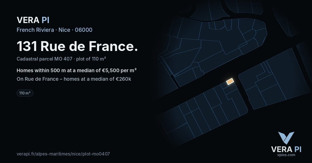 131 Rue de France, Nice at night – the plot lit, the parcels around coloured by the prices near them