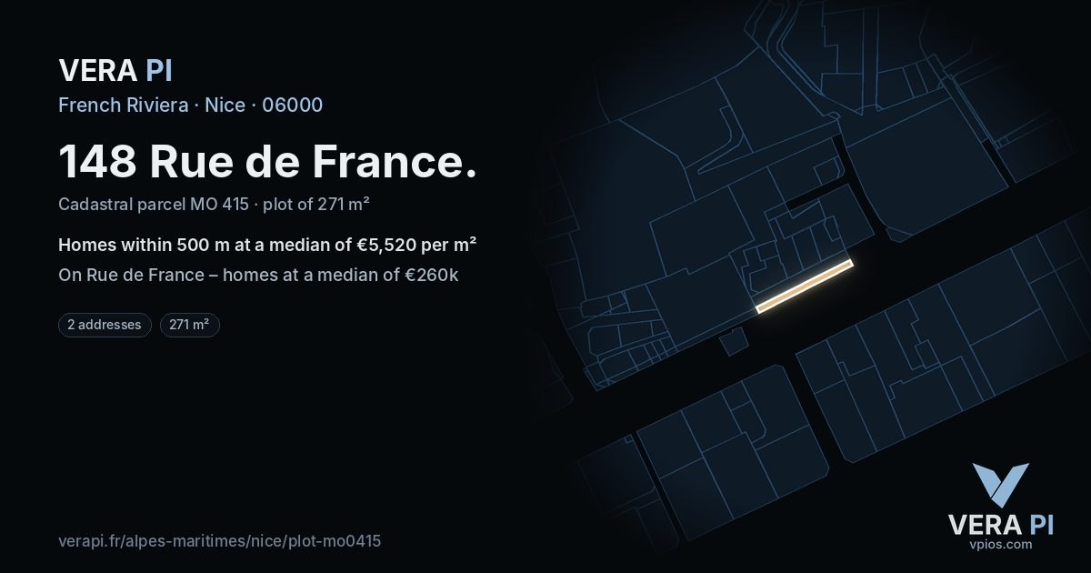 148 Rue de France, Nice at night – the plot lit, the parcels around coloured by the prices near them