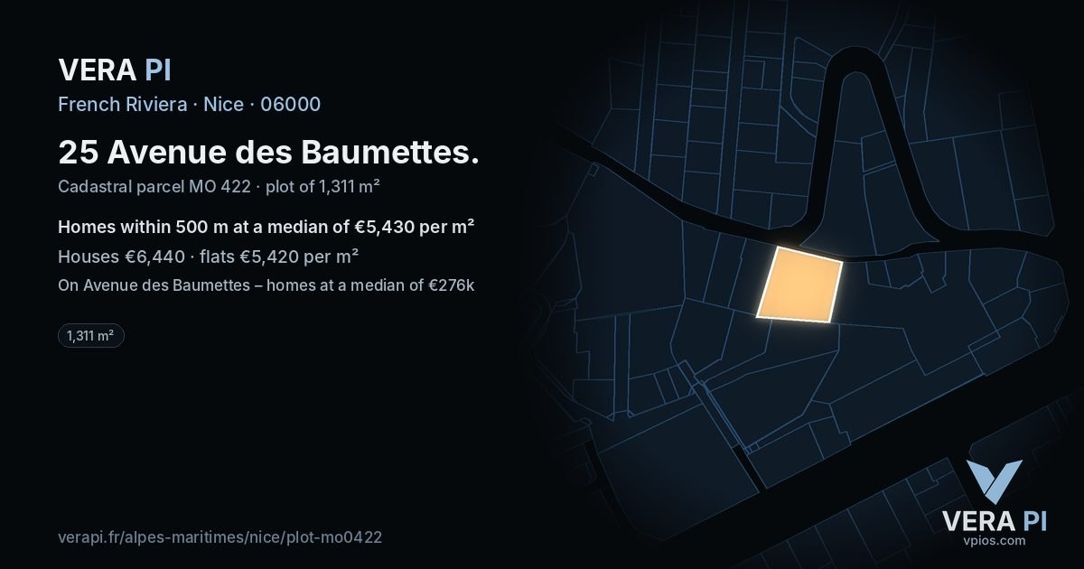 25 Avenue des Baumettes, Nice at night – the plot lit, the parcels around coloured by the prices near them