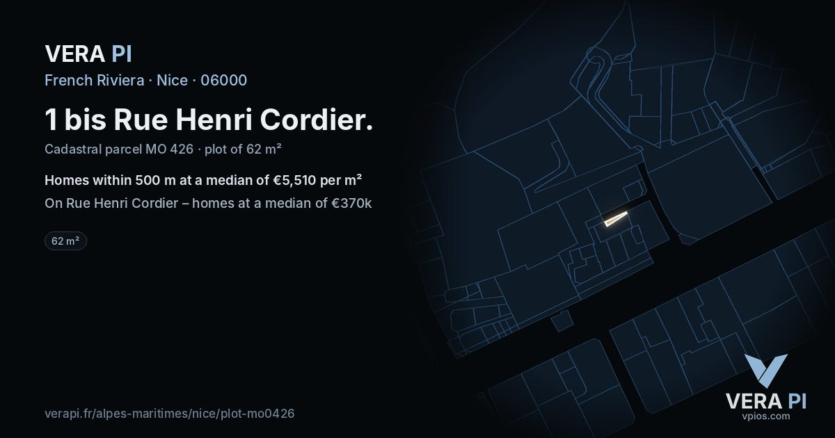1 bis Rue Henri Cordier, Nice at night – the plot lit, the parcels around coloured by the prices near them