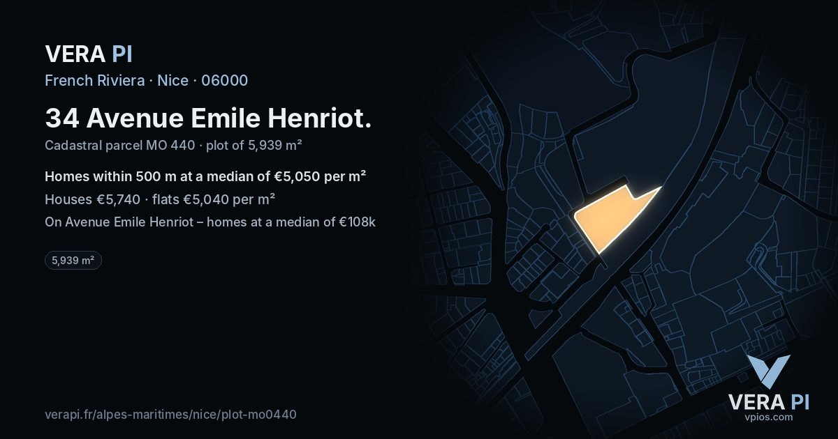 34 Avenue Emile Henriot, Nice at night – the plot lit, the parcels around coloured by the prices near them